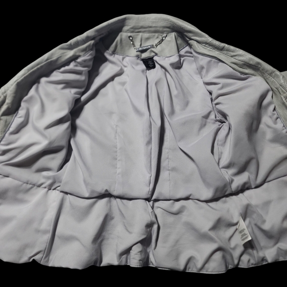 White House Black Market Gray Leather Moto Jacket with Zipper Diamond Detail - Picture 7 of 16